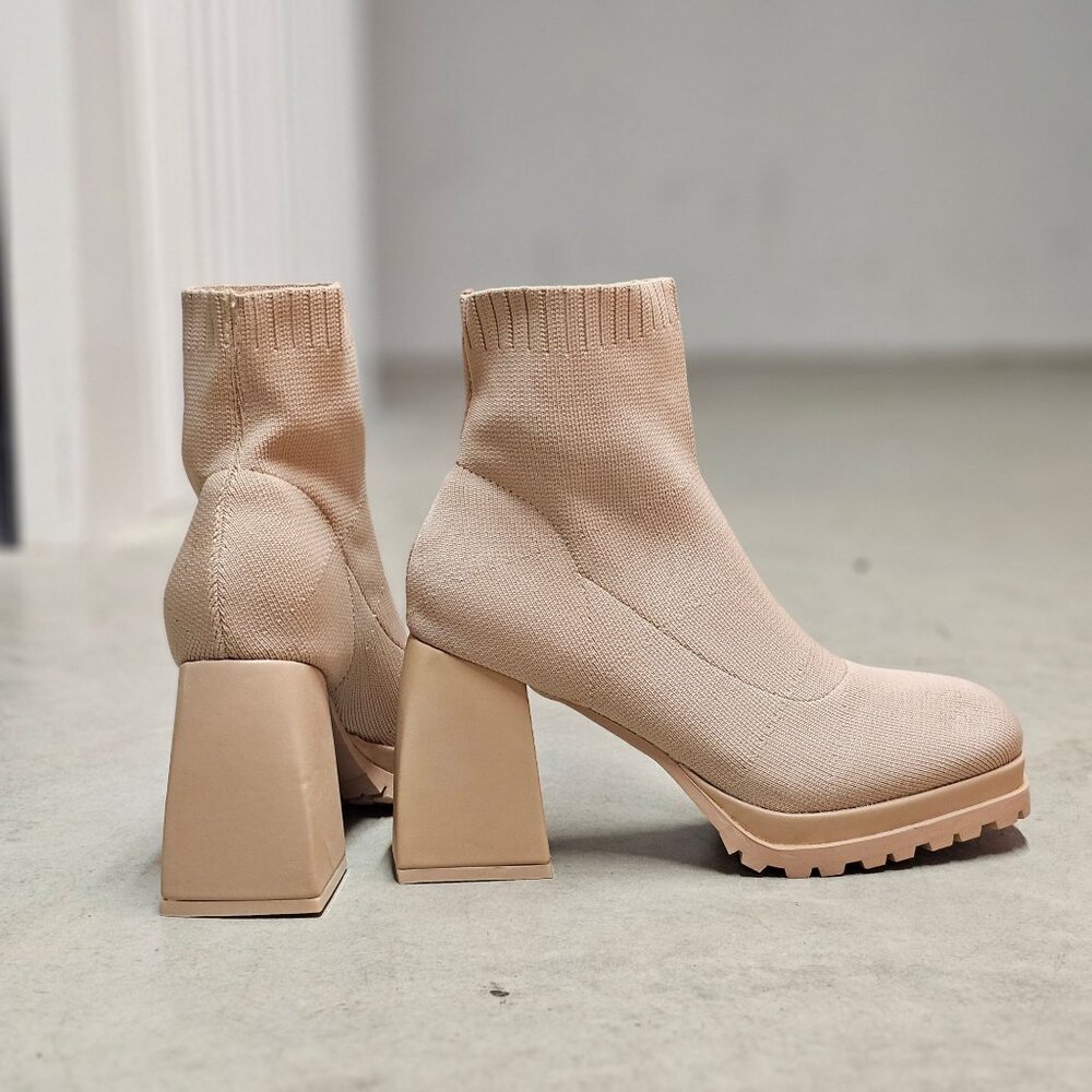 Chunky Heel Ankle Boots With Sock Knit Upper & Lug Sole In Nude - Picture 2 of 7